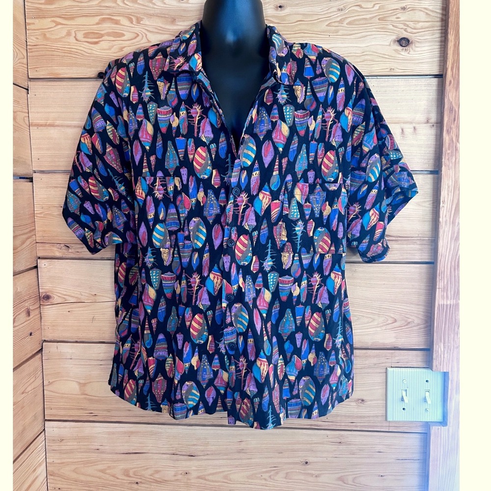 Vintage Seashell Print Shirt Mens Large Black Multi Adaptive Fashioned by Eva